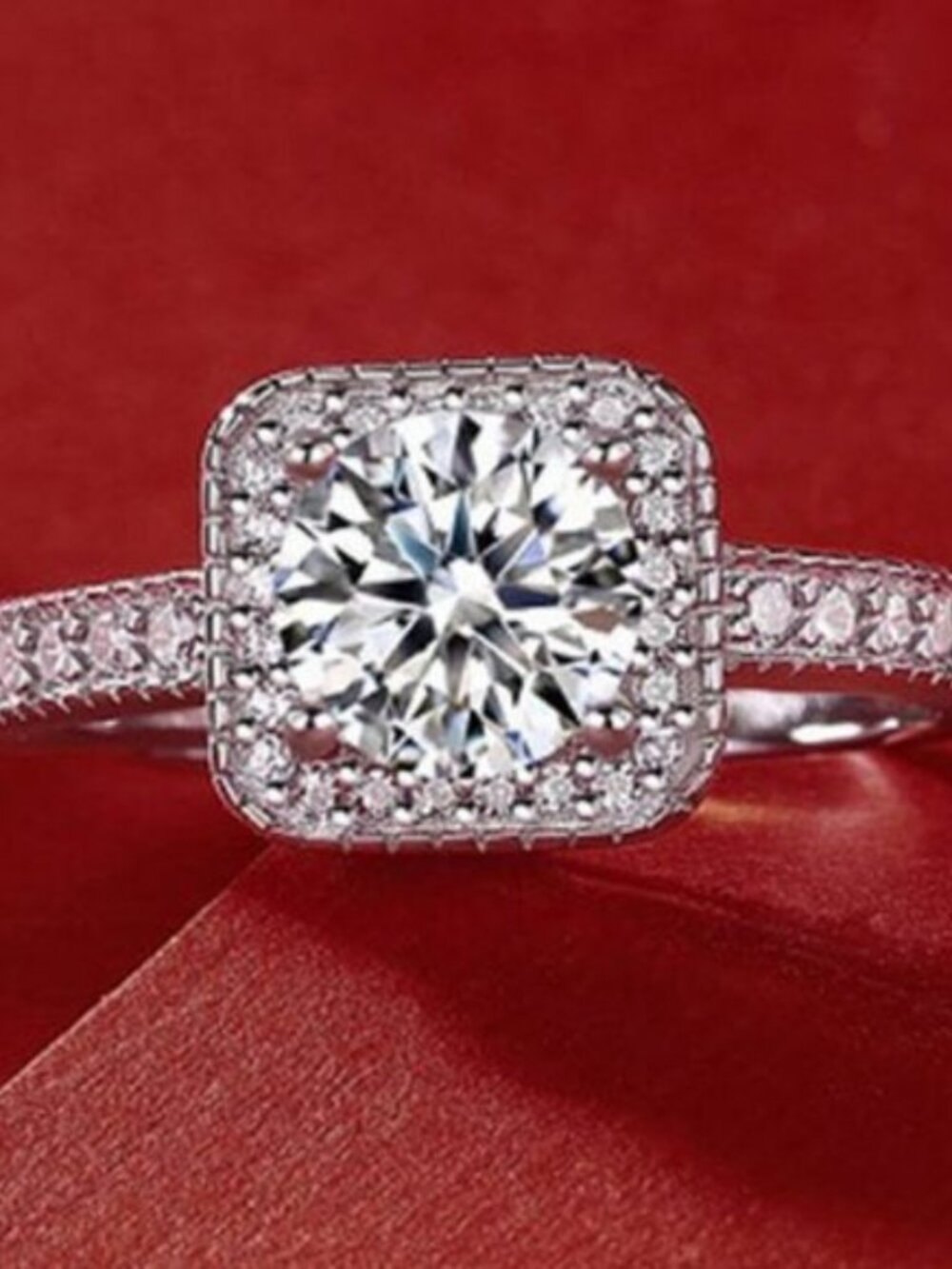 Certified 1ct. t.w. Moissanite Diamond Square Halo Wedding Engagement Ring NEW